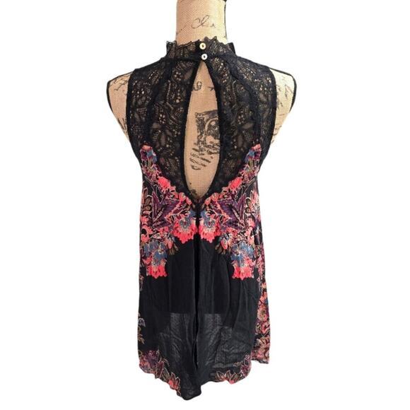 Free People Intimately Marsha Black Print Lace Slip Trapeze Dress XS High‎ Neck - Picture 3 of 9